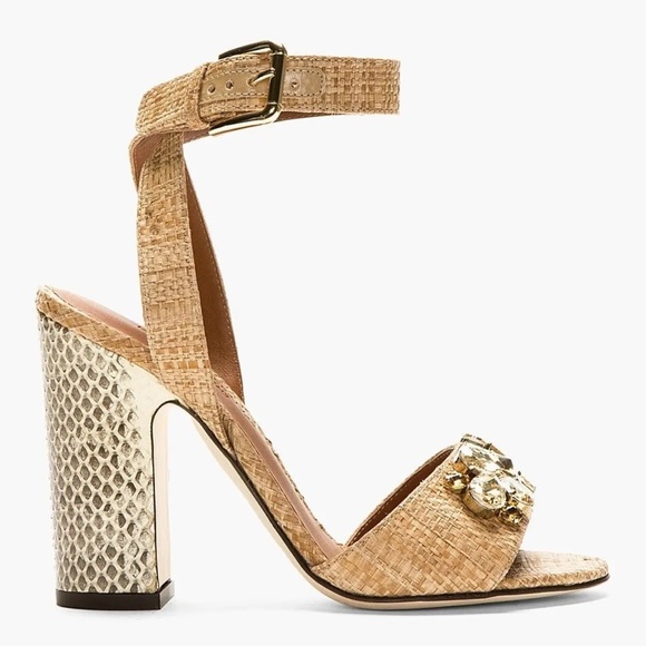 Dolce Gabbana Raffia Snakeskin Jeweled Block Heel Sandals Designer EU 40 US 10 - Picture 2 of 15